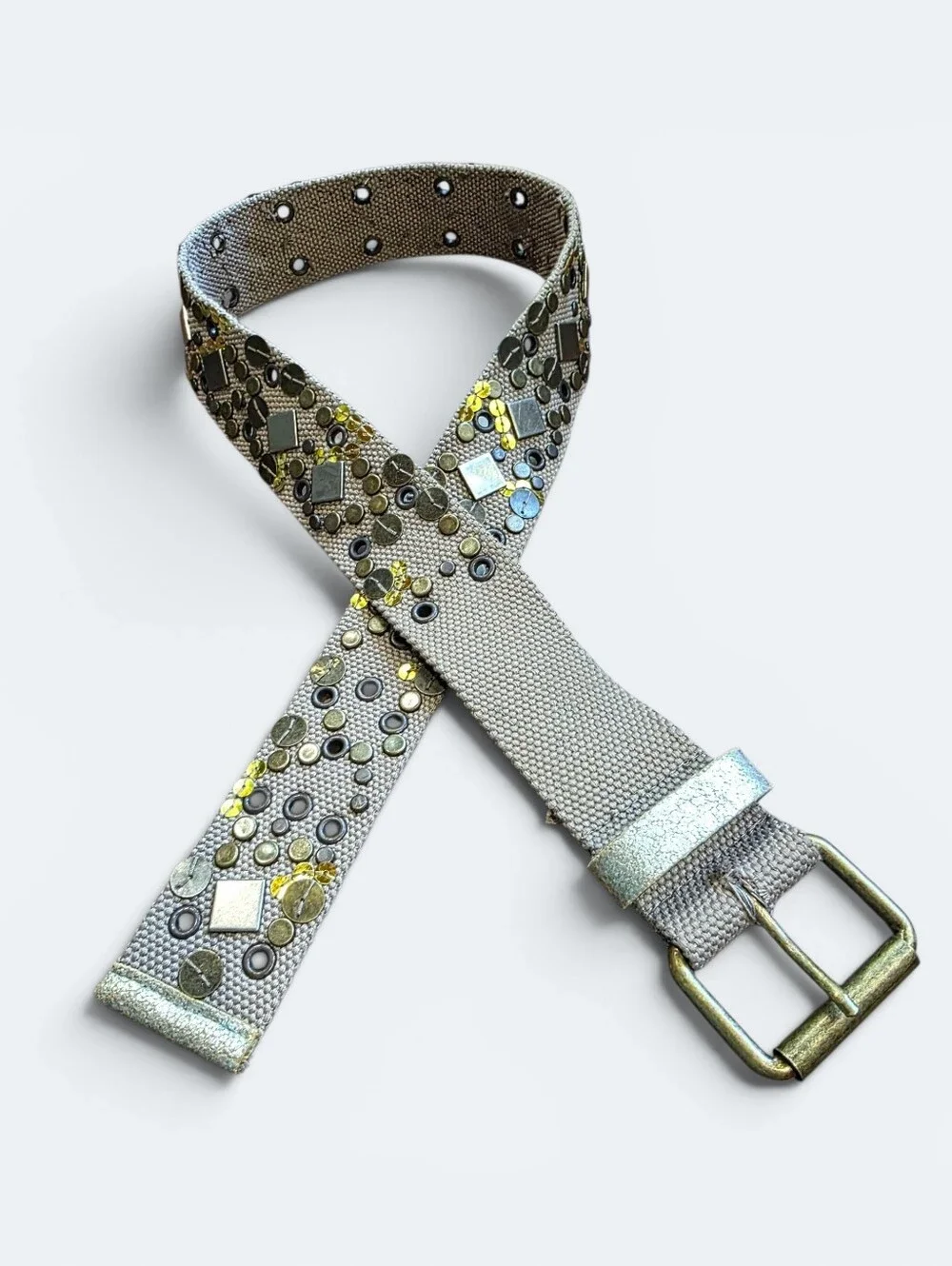 Boho Embellished Canvas Belt Taupe Brass Studded Sequin Size  S/M